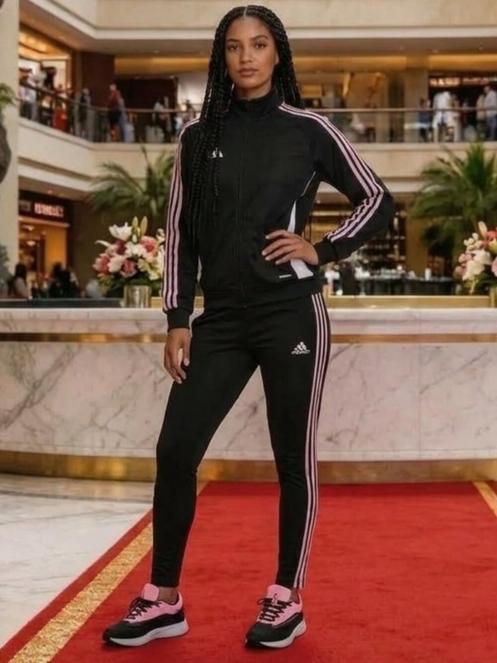 Adidas Womenโs Two Piece Tracksuit Black Pink Jacket JE1830 2X Tights IQ0455 3X